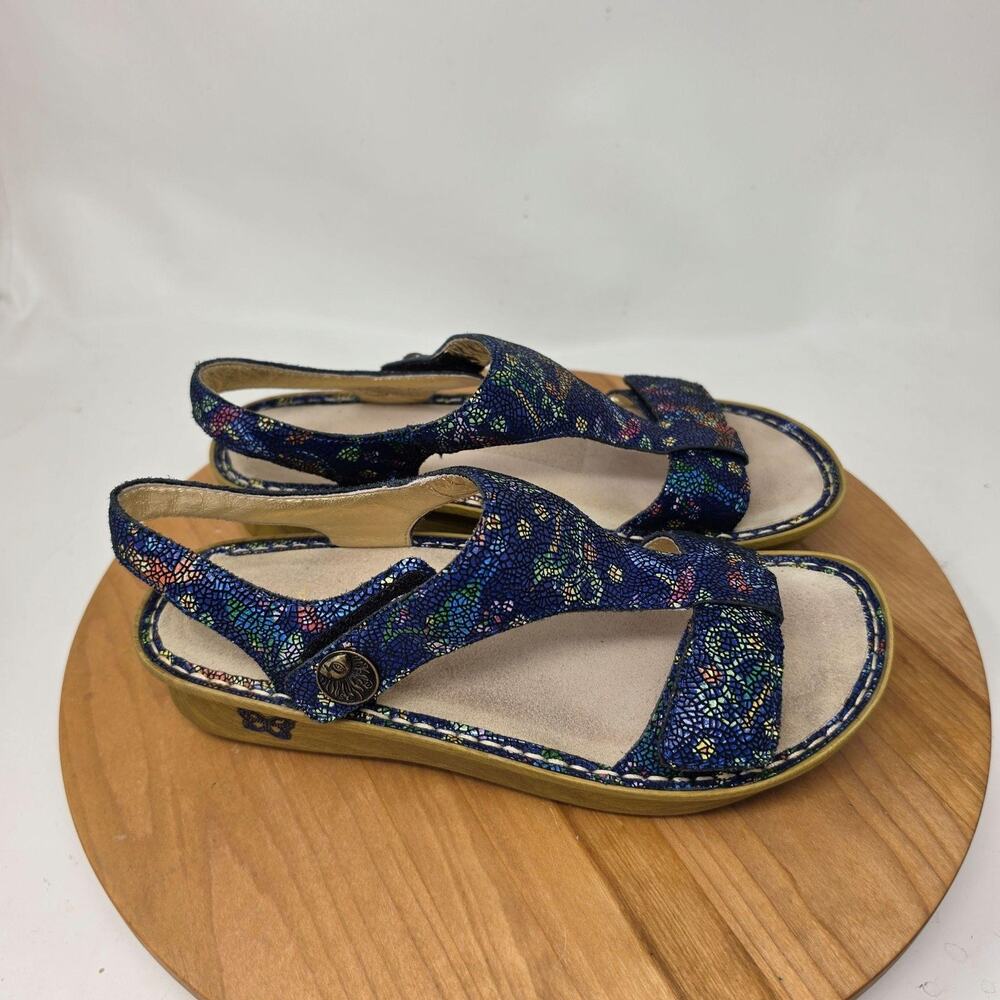 Alegria Sandals 9 Kendra Birdland Slingback Wedge Blue Floral Comfort Casual
